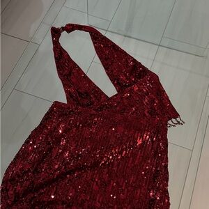 Red Sequin Halter Dress